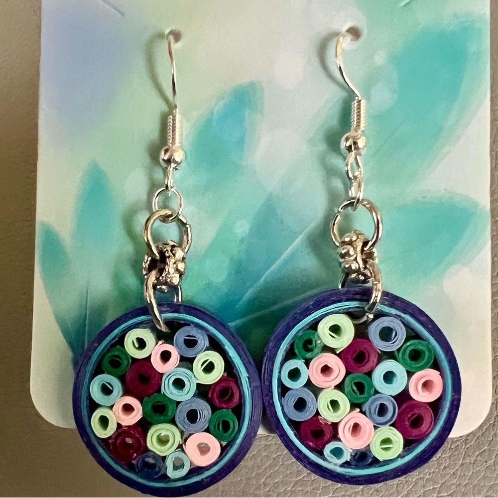 Paper Quilled Dangle Earrings: Colorful Polka Dot Paper Jewelry - handmade